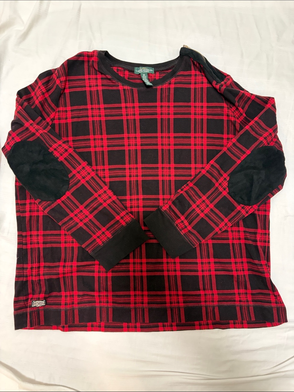 LRL Lauren Jeans Co Red & Brown Plaid Long-Sleeve Top with Elbow Patches